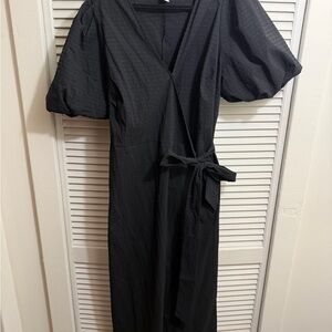H&M Black Wrap Midi Dress with Puff Sleeves